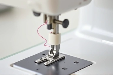 Close-up of sewing machine's automatic needle threader in action.